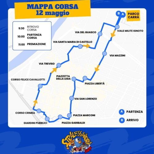StrAlessandria 2024: la mappa della corsa del 12 maggio. Parco Carrà sede di partenza e arrivo