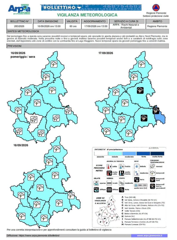 Bollettino meteo Piemonte oggi 16 settembre