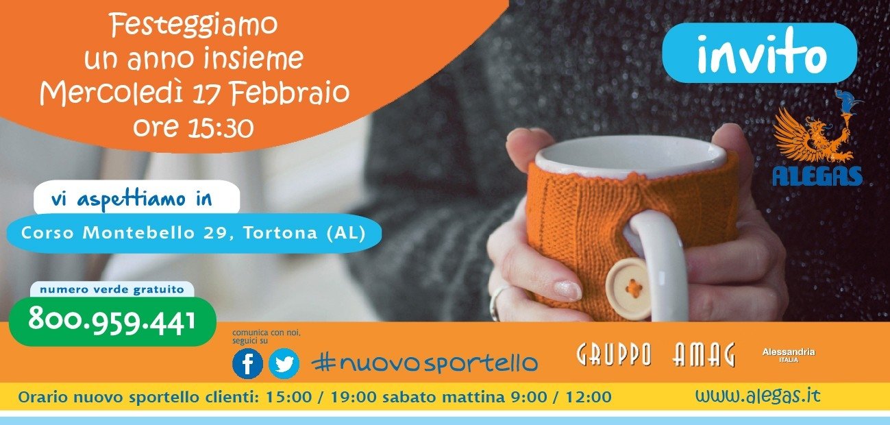 Mercoledì 17 febbraio Alegas festeggia il primo compleanno dell’ufficio Clienti di Tortona