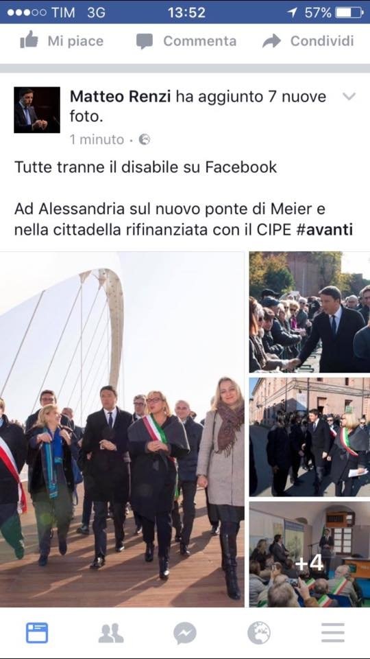 Ad Alessandria la svista dello staff di Renzi sul suo profilo Facebook: “da non pubblicare la foto col disabile”