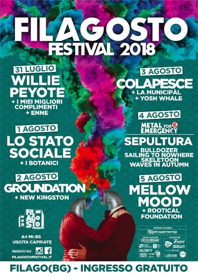 Filagosto festival, con Willie Peyote, Lo Stato Sociale, Colapesce, Sepultura