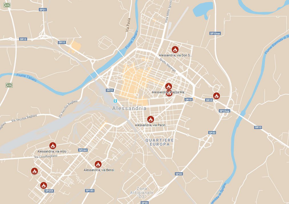 La mappa dei cassonetti inceneriti da inizio anno ad Alessandria