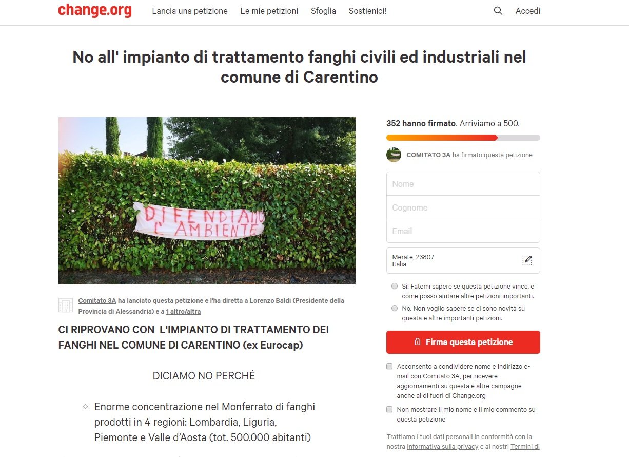 “No al biodigestore di fanghi a Carentino”: via alla petizione online
