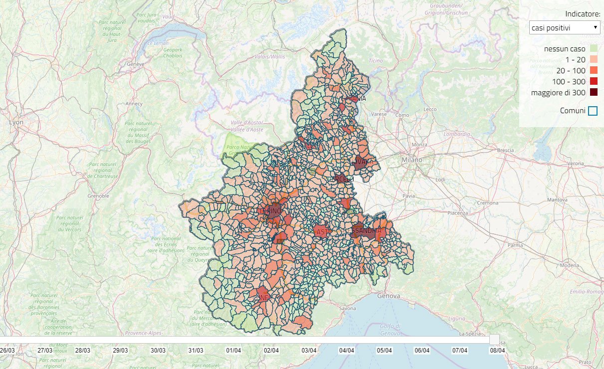 La mappa con i contagi da coronavirus in Piemonte comune per comune