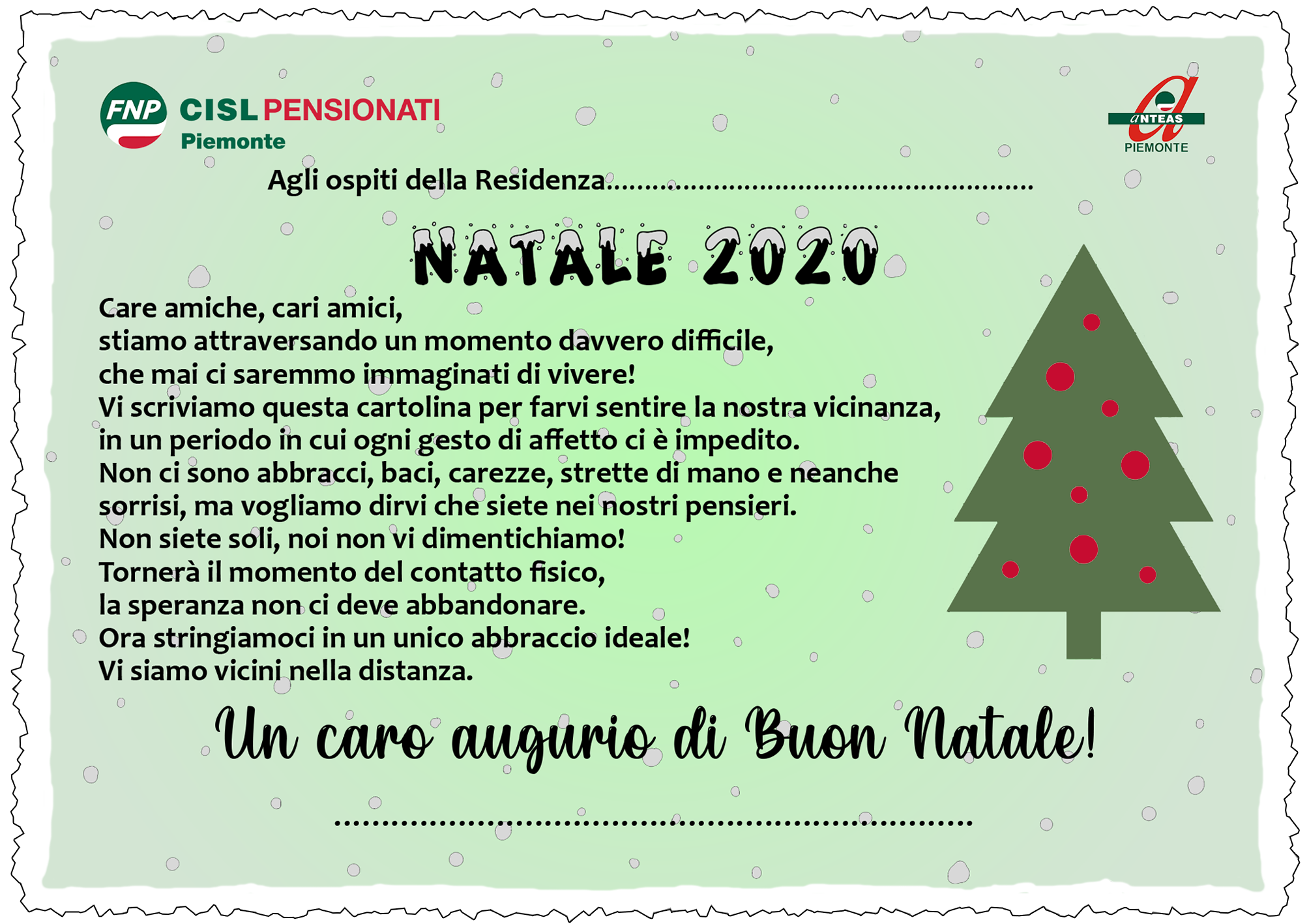 Una cartolina agli anziani delle Rsa: l’iniziativa per Natale di Fnp Cisl Piemonte