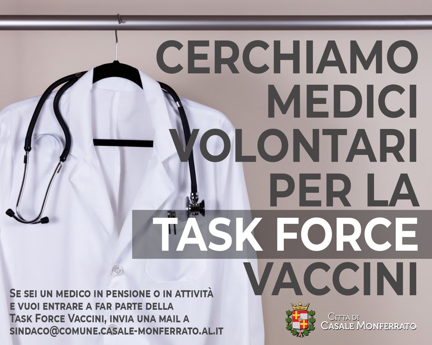 Covid, l’appello del sindaco di Casale: “Cerchiamo medici volontari per la task force vaccini”