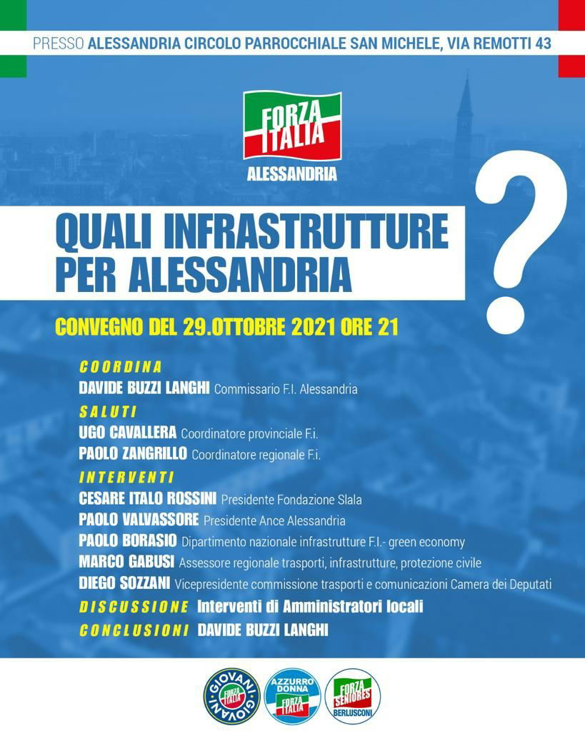 Il 29 ottobre ad Alessandria convegno di Forza Italia sulle infrastrutture