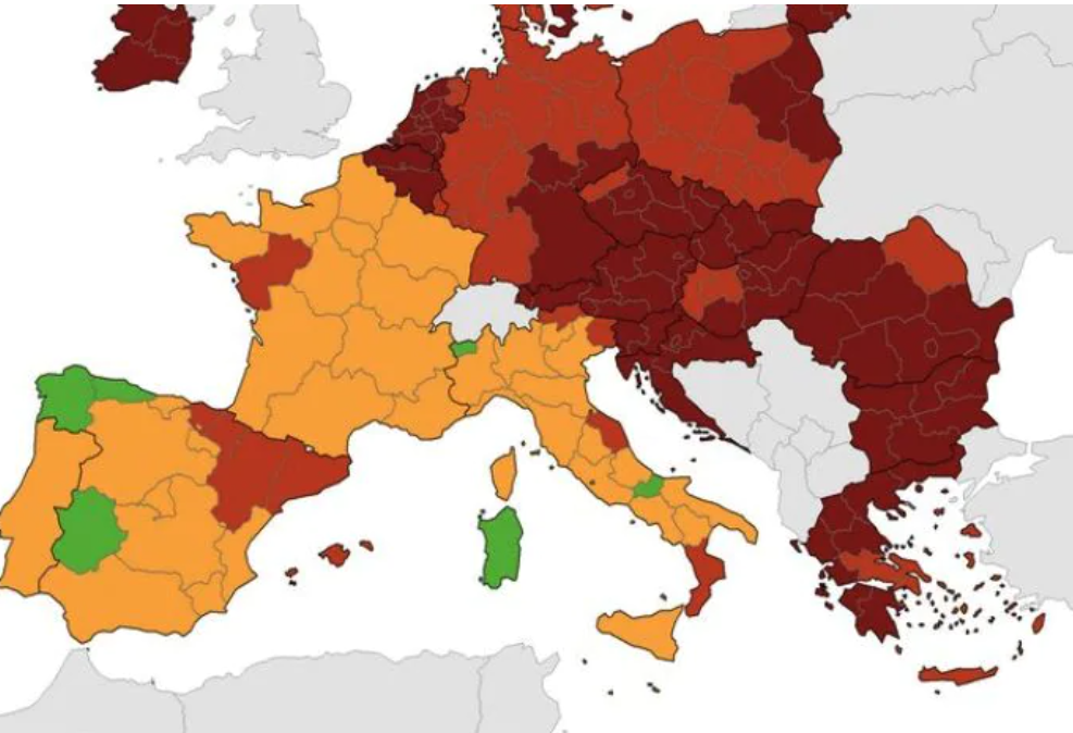 Il Piemonte scivola in zona gialla nella mappa UE sul rischio Covid