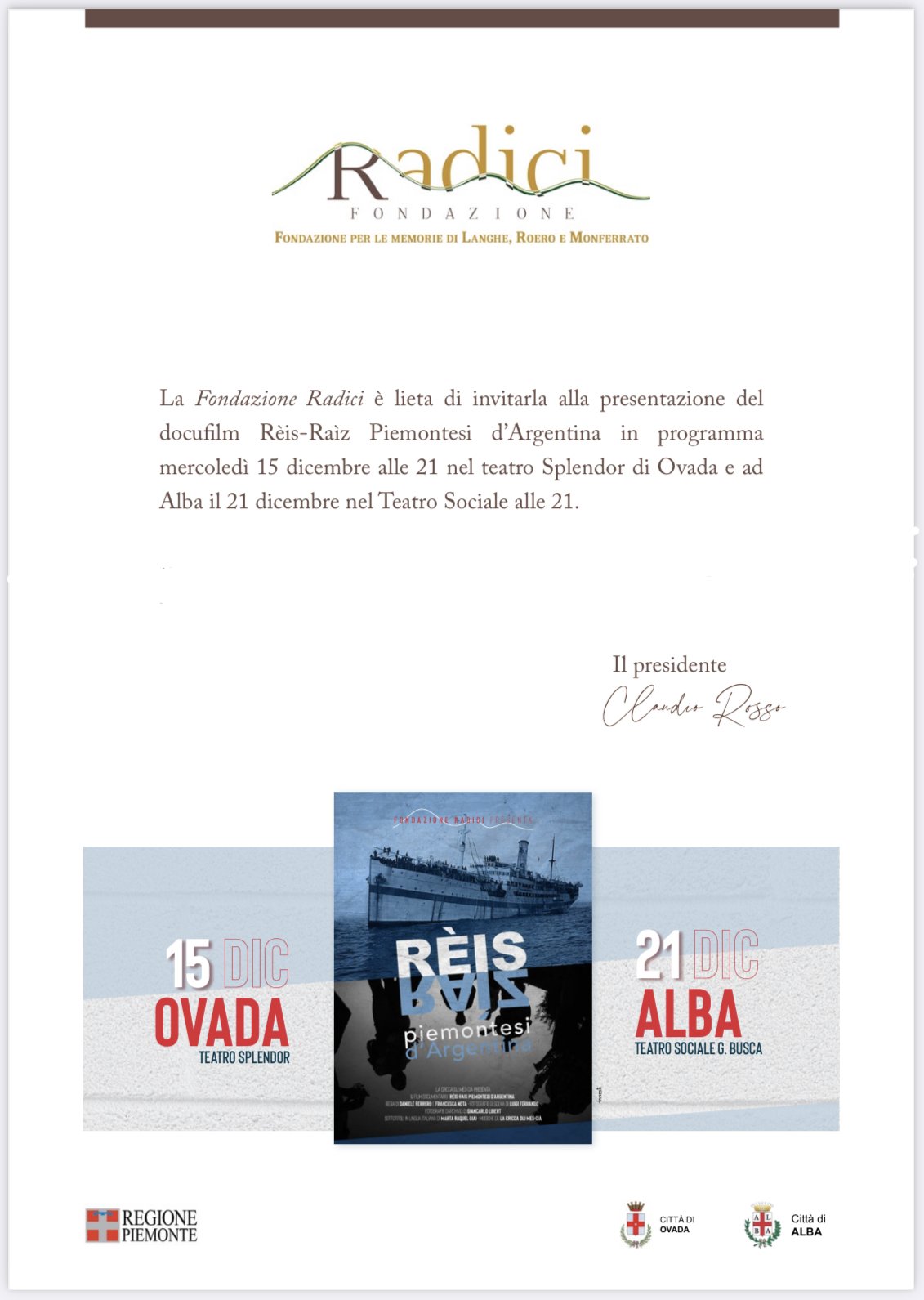 Il 15 dicembre a Ovada la presentazione del docufilm “Rèis-Raìz Piemontesi d’Argentina”