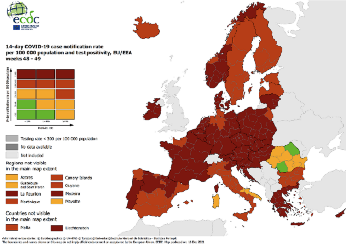 Mappa Ecdc sul rischio Covid: il Piemonte zona rossa come quasi tutta l’Italia