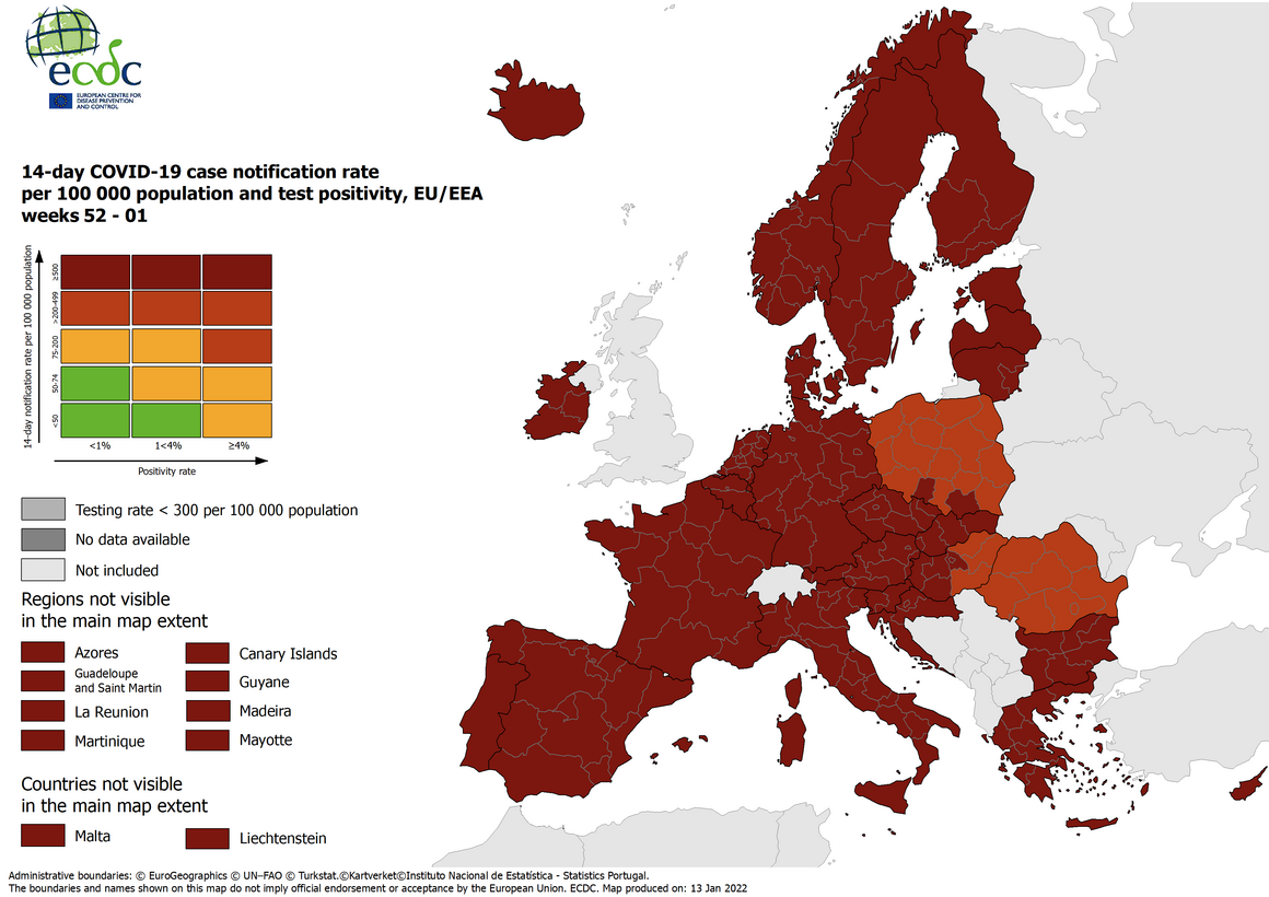 Mappa Ecdc: tutta l’Italia è rosso scuro. Nessuna zona gialla o arancione in UE
