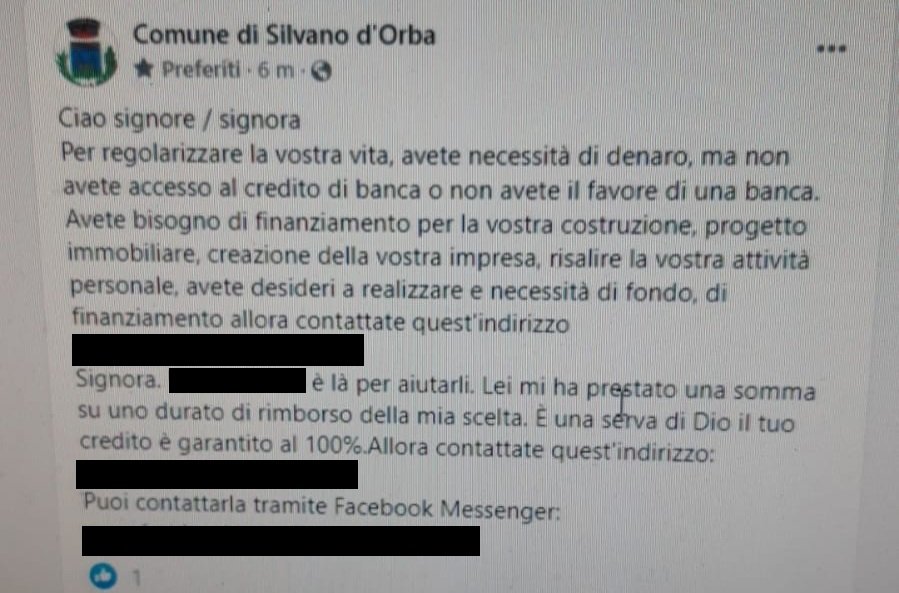 Hackerata la pagina Facebook del Comune di Silvano d’Orba. Pubblicati post con truffe finanziarie