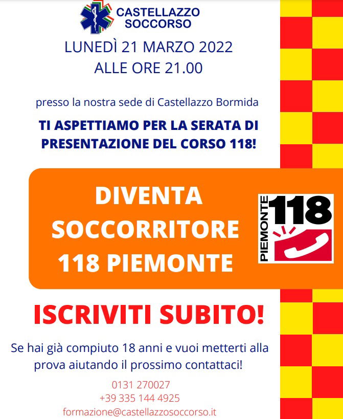 Il 21 marzo nella sede di Castellazzo Soccorso la presentazione del corso 118