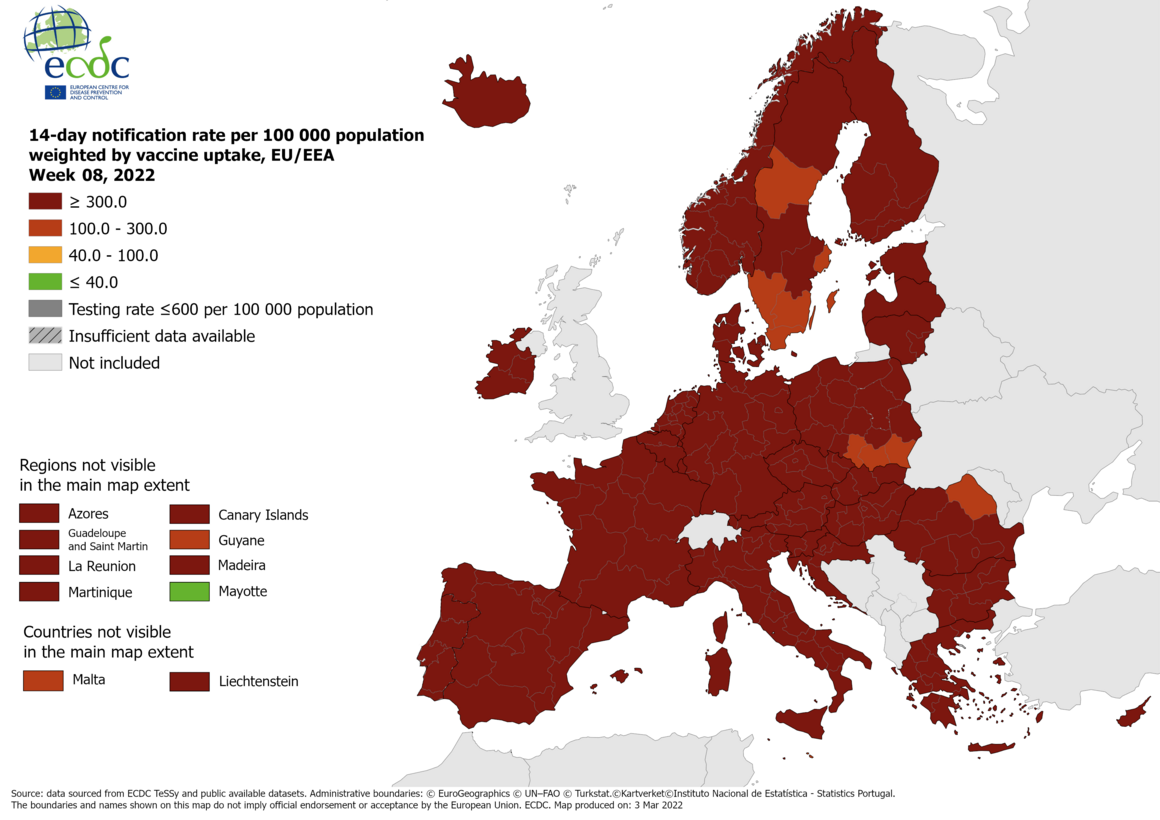 Ecdc: Europa resta rosso scuro tranne regioni in Svezia, Polonia e Romania