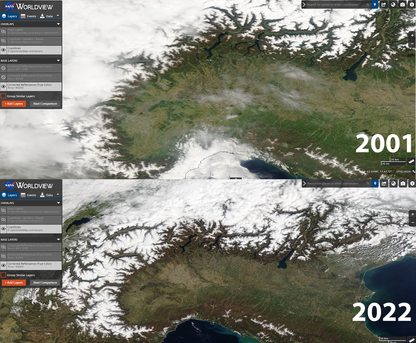 Giornata della Terra: nel timelapse come sono cambiate le Alpi e la Pianura Padana dal 2001 a oggi