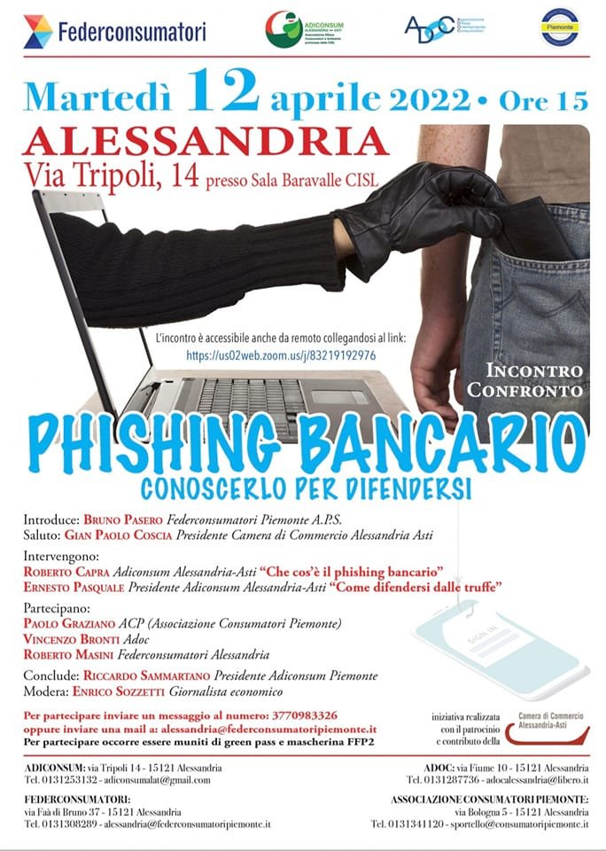 Il 12 aprile ad Alessandria un incontro per imparare a difendersi dal “Phishing bancario”