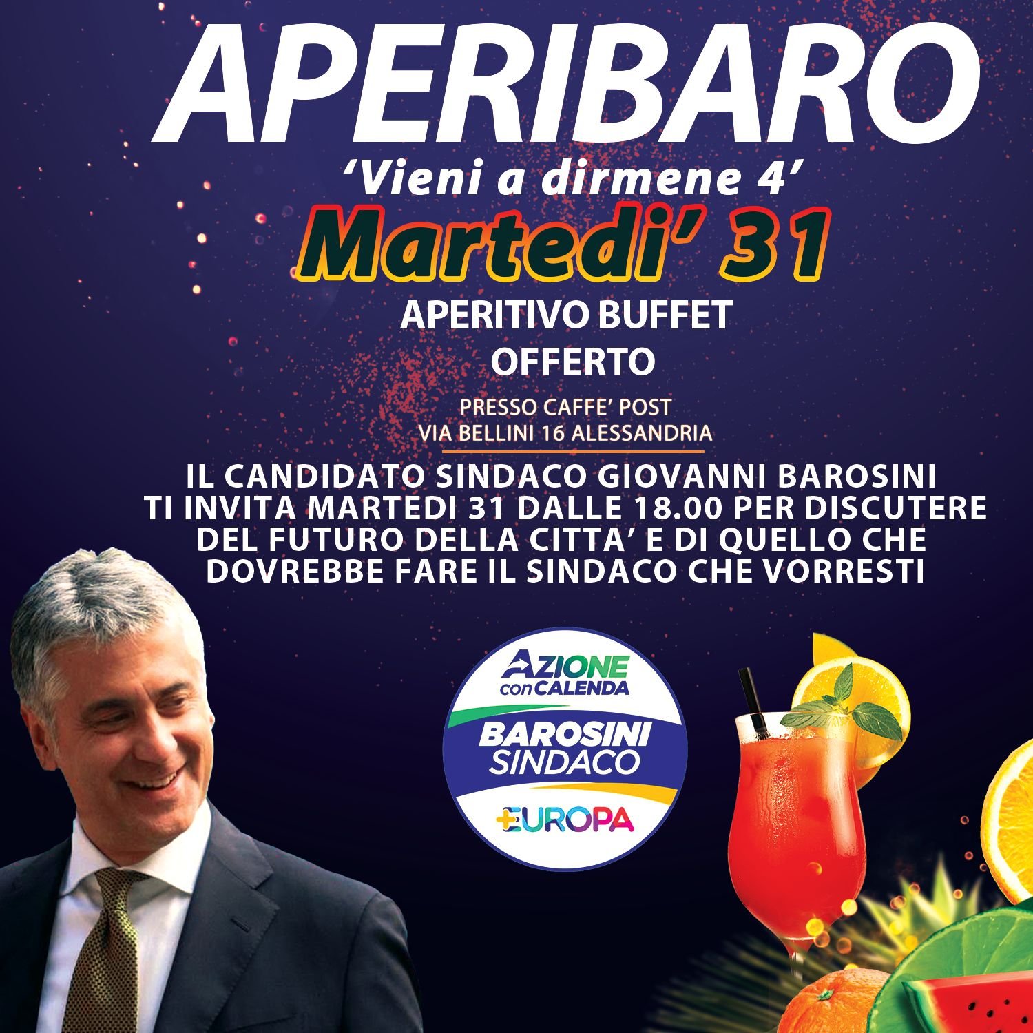 Elezioni Alessandria: il 31 maggio aperitivo col candidato sindaco Giovanni Barosini