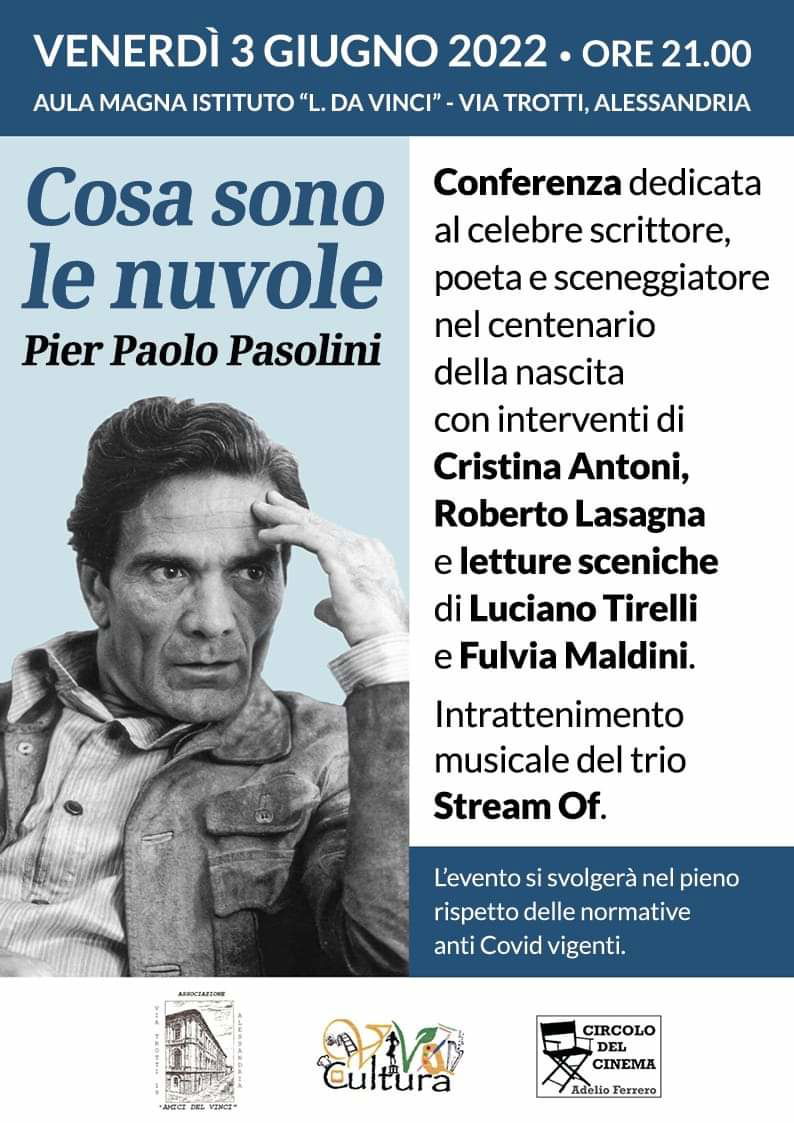 Il 3 giugno al “Vinci” di Alessandria conferenza su Pasolini con musica e letture sceniche