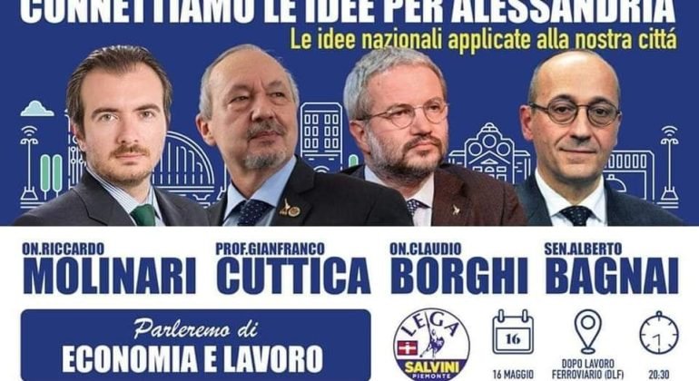 Elezioni Alessandria: il 16 maggio incontro su Economia e Lavoro con Cuttica, Molinari, Borghi e Bagnai