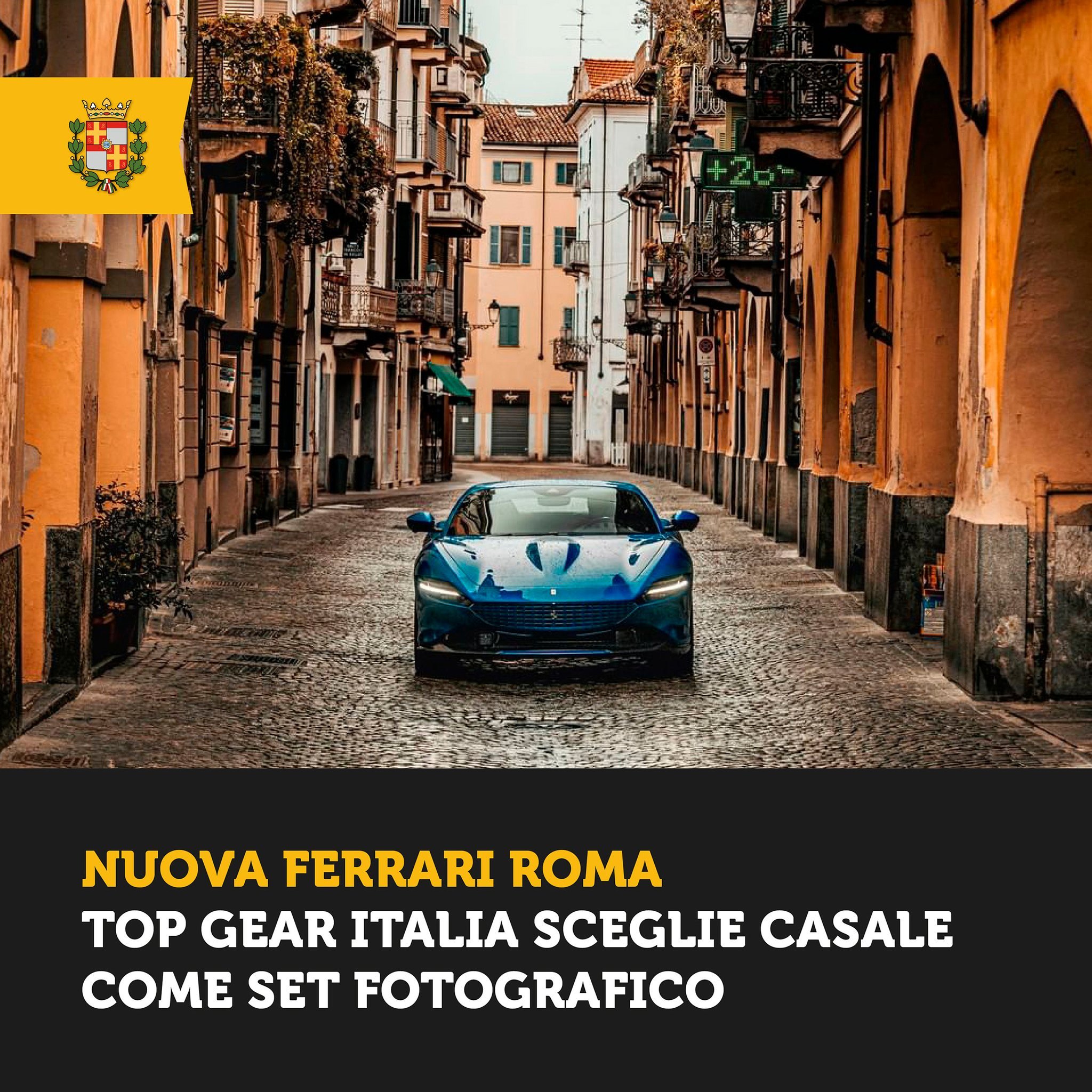 La versione della Ferrari Roma sfila in centro a Casale per il programma tv Top Gear