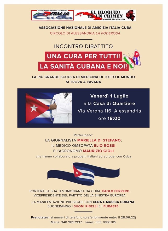 Il 1° luglio l’incontro-dibattito “Una cura per tutti! La sanità cubana e noi!”