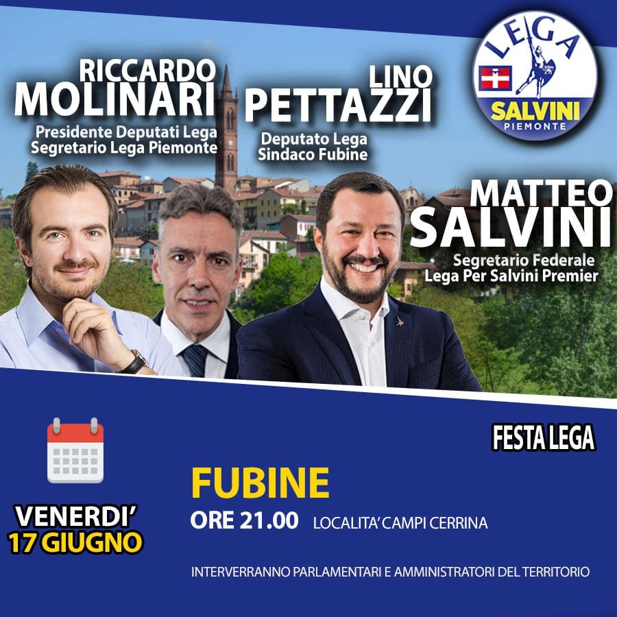 Venerdì Matteo Salvini alla Festa della Lega di Fubine Monferrato