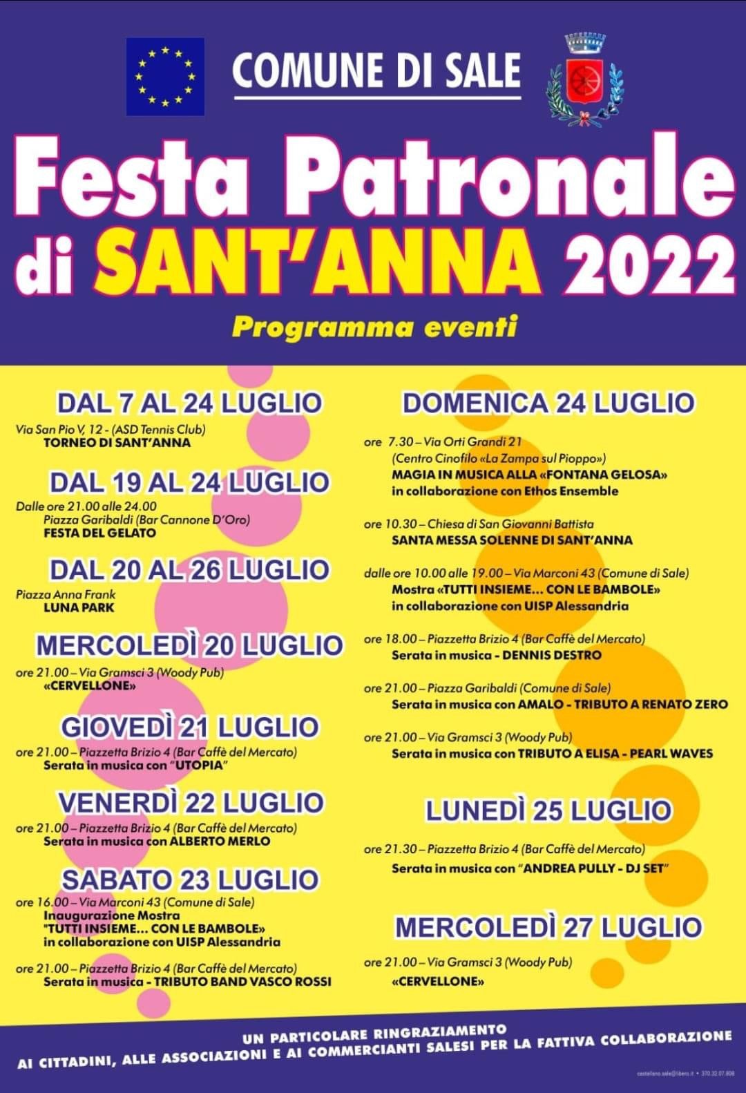 Dal 20 al 27 luglio a Sale la Festa patronale Sant’Anna