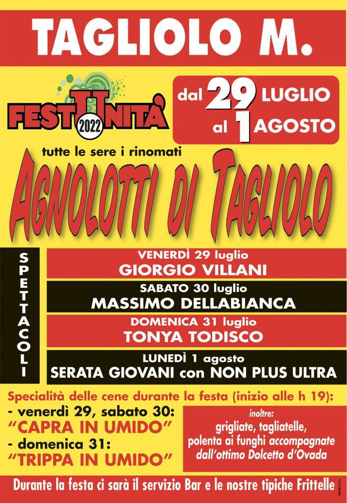 Dal 29 luglio al 1° agosto Festa dell’Unità a Tagliolo Monferrato