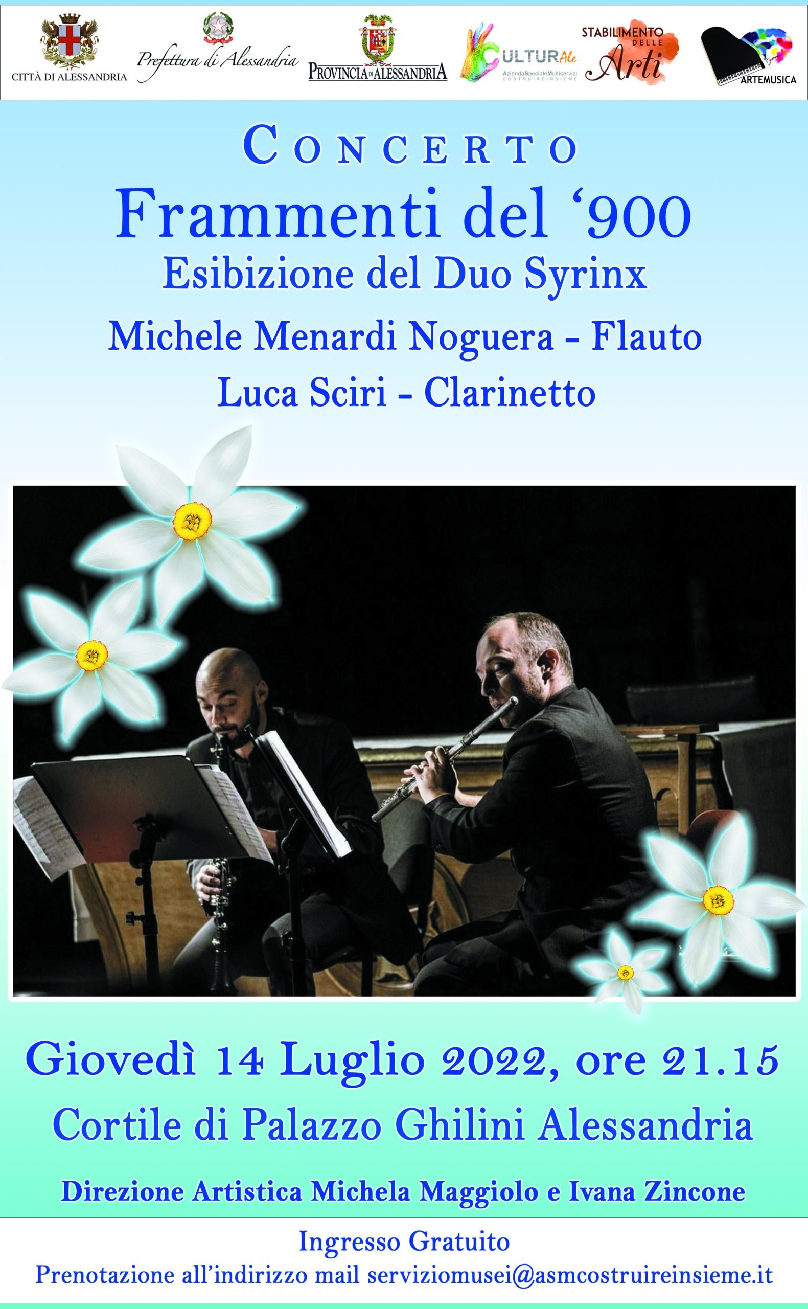 Giovedì 14 luglio a Palazzo Ghilini ad Alessandria il concerto del Duo Syrinx