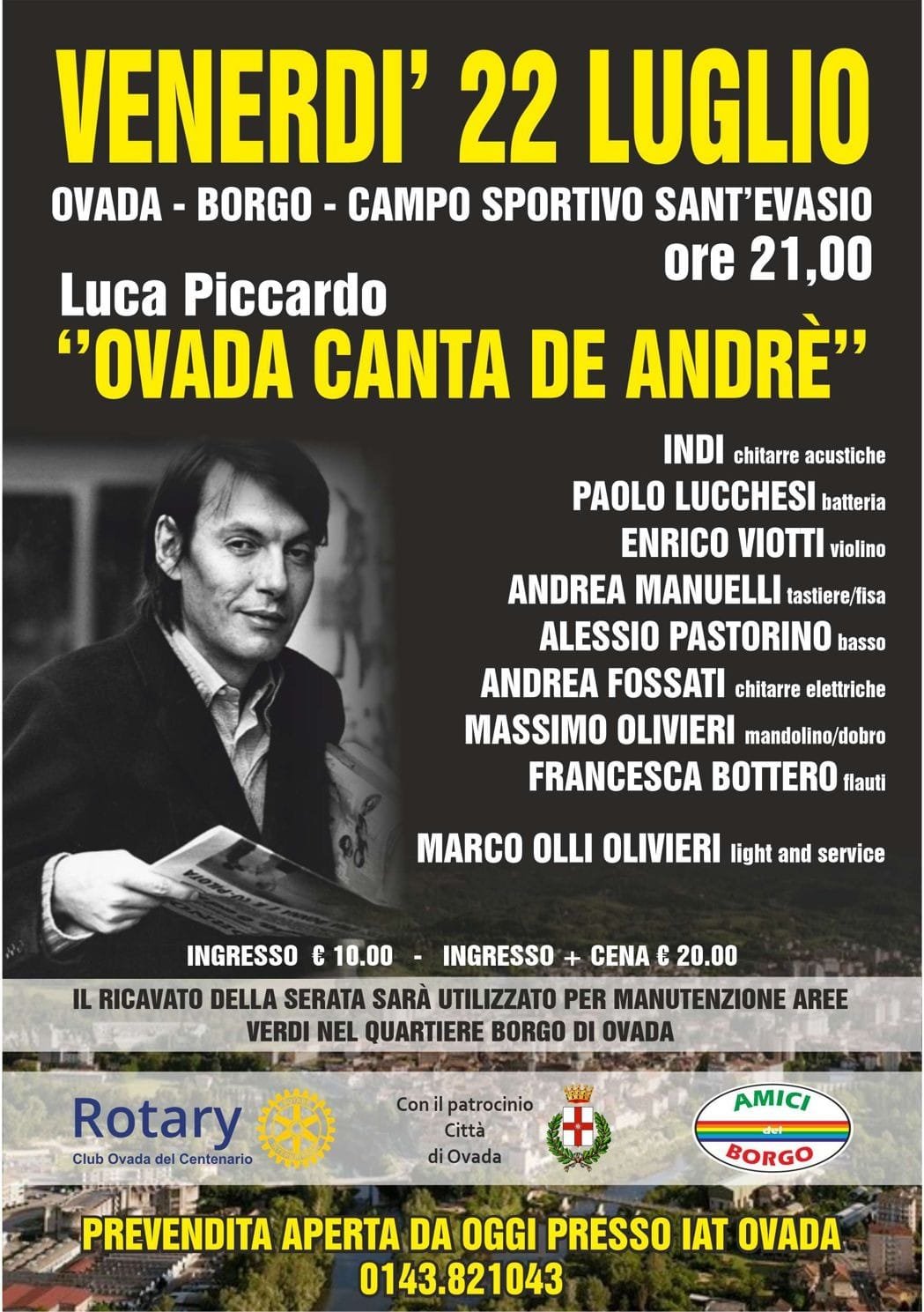 Il 22 luglio “Ovada canta De Andrè” con Luca Piccardo e il suo gruppo