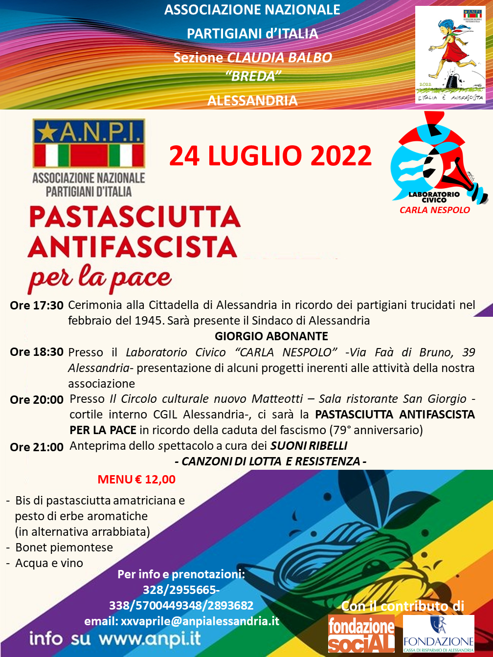 Il 24 luglio ad Alessandria a cena con Anpi con la “Pastasciutta antifascista per la Pace”