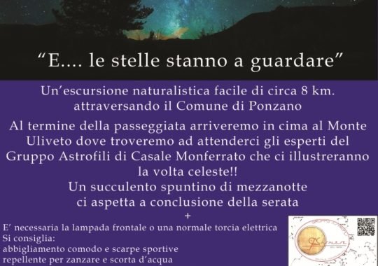 Mercoledì 10 agosto a Ponzano Monferrato la camminata notturna “E…le stelle stanno a guardare”