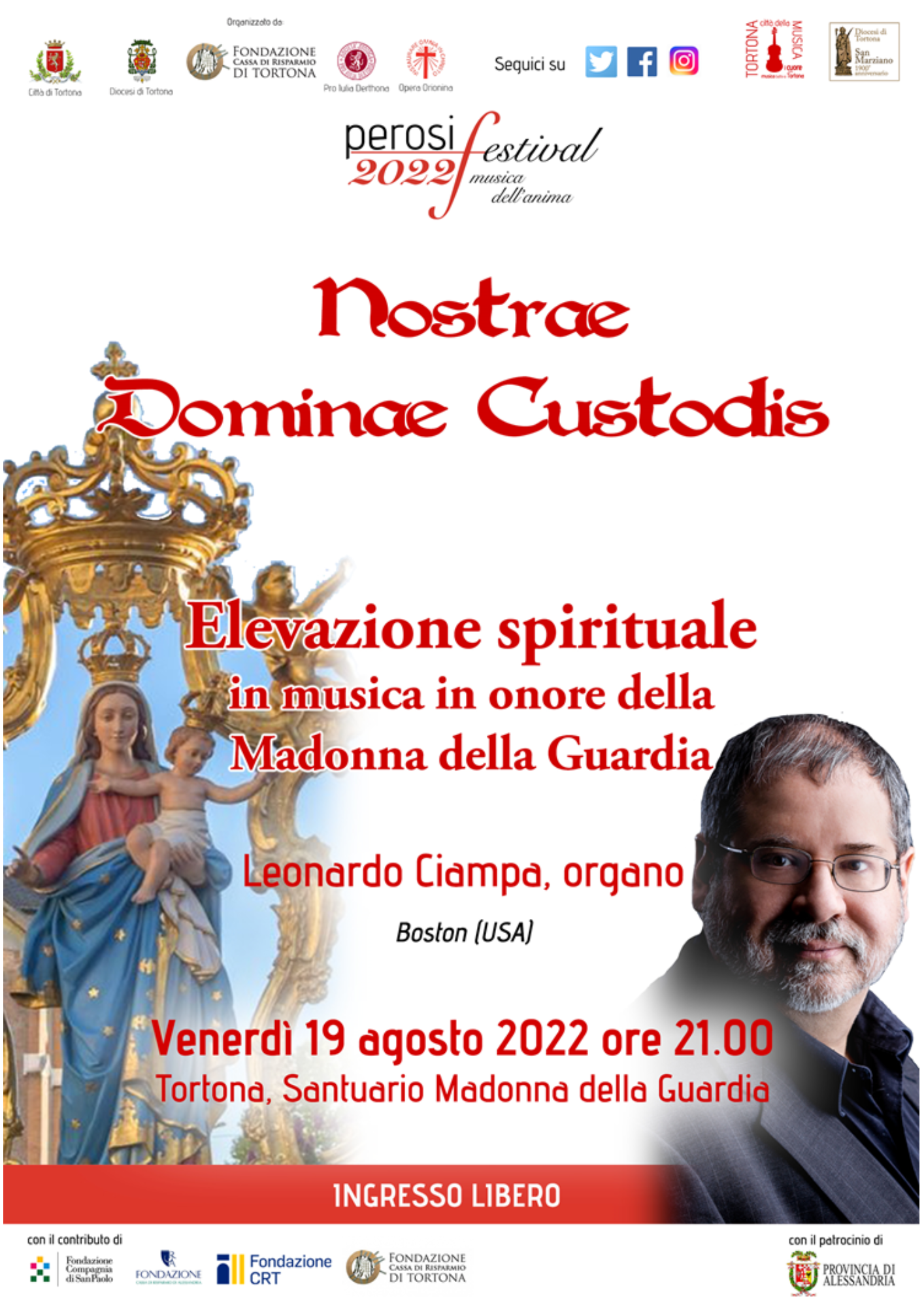 Il 10 agosto l’organista americano Leonardo Ciampa per i festeggiamenti della Madonna della Guardia a Tortona