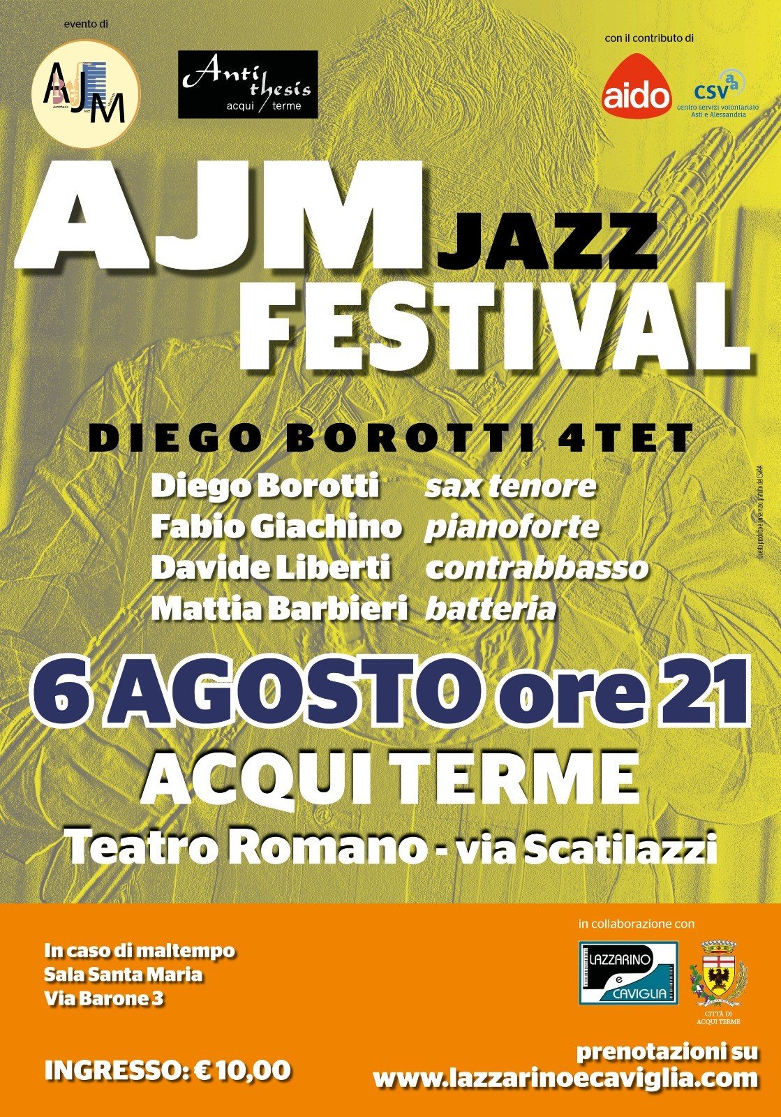 Sabato 6 agosto ad Acqui Terme Diego Borotti Quartet per l’AJM Jazz Festival