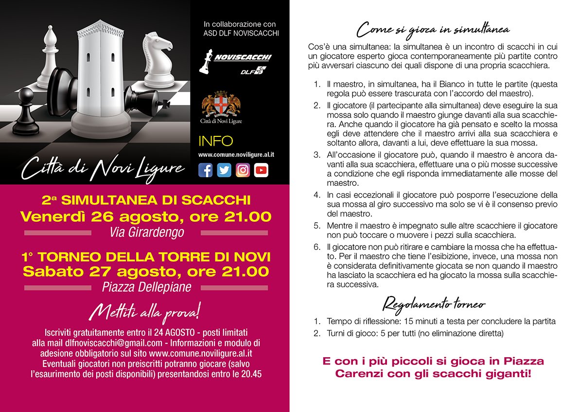 Il 26 e il 27 agosto a Novi Ligure due giorni per gli appassionati di scacchi