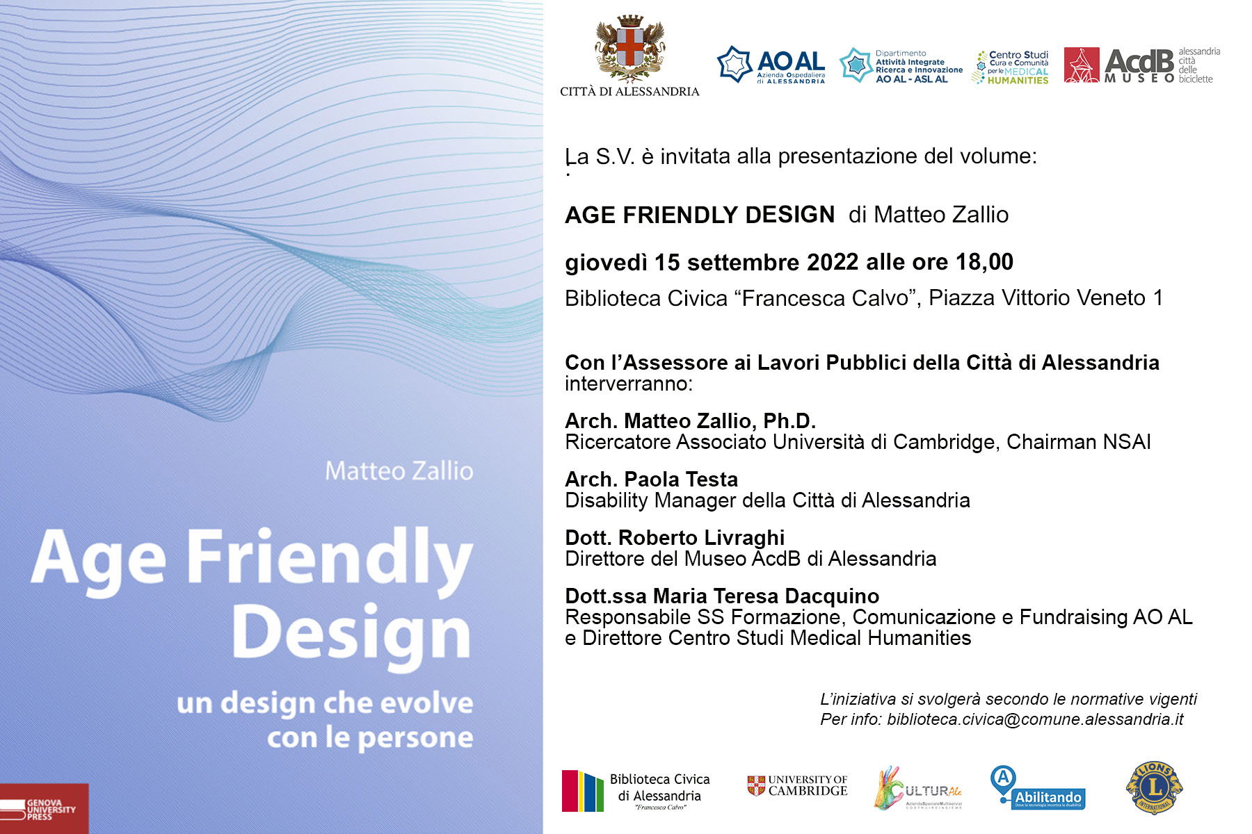 Il 15 settembre alla Biblioteca di Alessandria presentazione del libro di Matteo Zallio Age Friendly Design