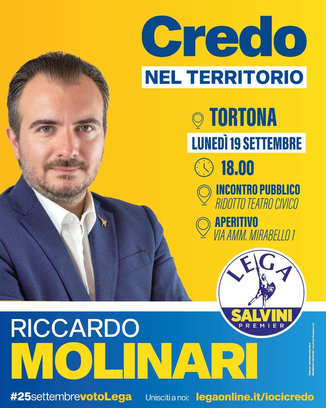 Elezioni: lunedì a Tortona incontro del capogruppo della Lega alla Camera Riccardo Molinari