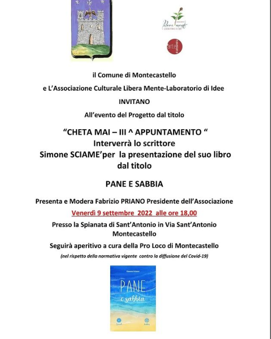 Venerdì 9 settembre a Montecastello Simone Sciamè presenta il suo libro “Pane e Sabbia”