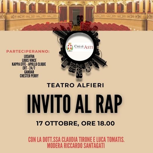 Il 17 ottobre “Invito al rap” al Teatro Alfieri di Asti