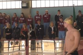 Anche i campioni della Fiamme Oro Valentina Vezzali e Alessandro Miressi al taglio del nastro alla piscina della Scuola di Polizia