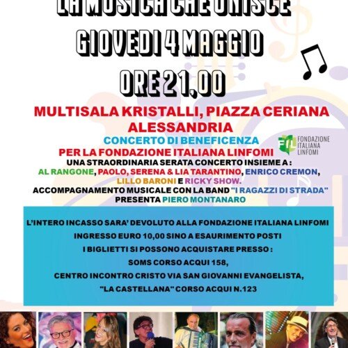 Il 4 maggio al quartiere Cristo concerto di tanti artisti alessandrini per sostenere la Fondazione Linfomi