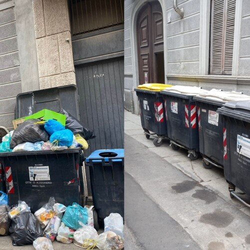 Bidoni strapieni di rifiuti in via Plana: l’intervento di Amag Ambiente dopo la segnalazione di un cittadino