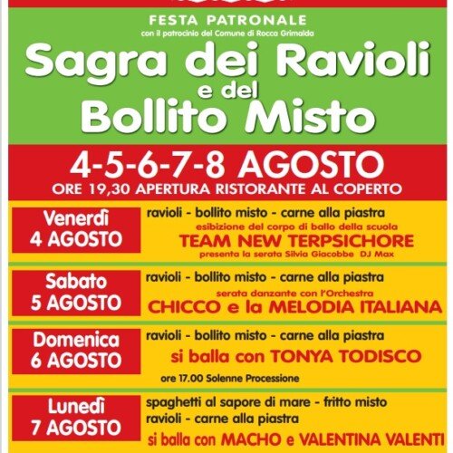 Dal 4 all’8 agosto la Sagra dei Ravioli e del Bollito Misto a Rocca Grimalda