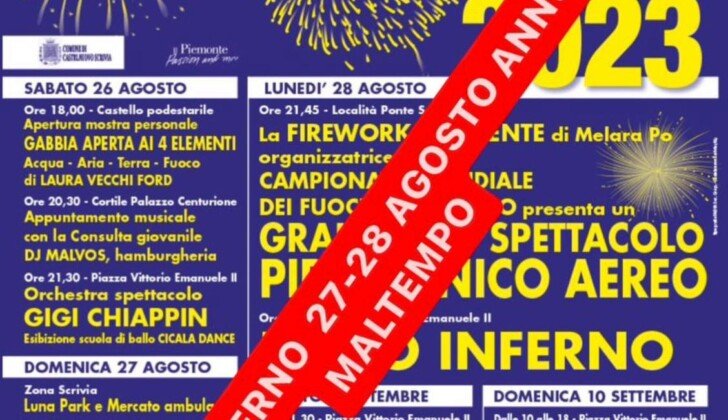 A Castelnuovo Scrivia annullati per maltempo gli spettacoli in piazza di oggi e i fuochi artificiali di lunedì