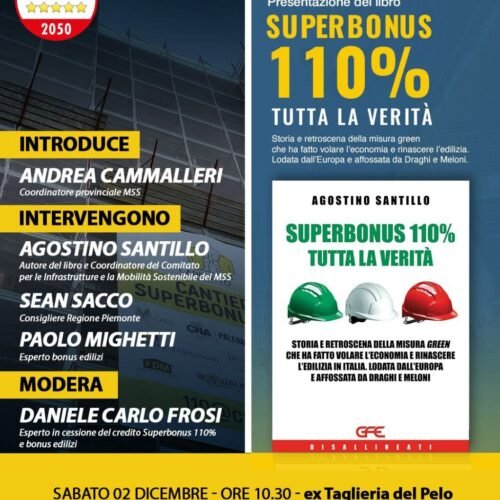 M5S: il 2 dicembre ad Alessandria la presentazione del libro “Superbonus 110%-Tutta la verità”