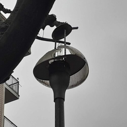 Segnalato un faro rotto in piazza Mantelli, al quartiere Europa di Alessandria: “Attenzione, è pericolante”