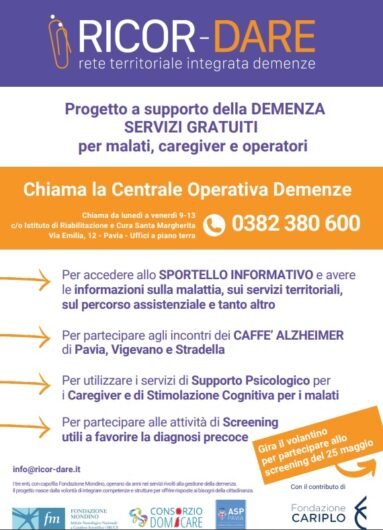 La rete di Ricor-Dare per aiutare chi soffre di demenza. Sabato 25 maggio screening gratuiti in piazza a Pavia
