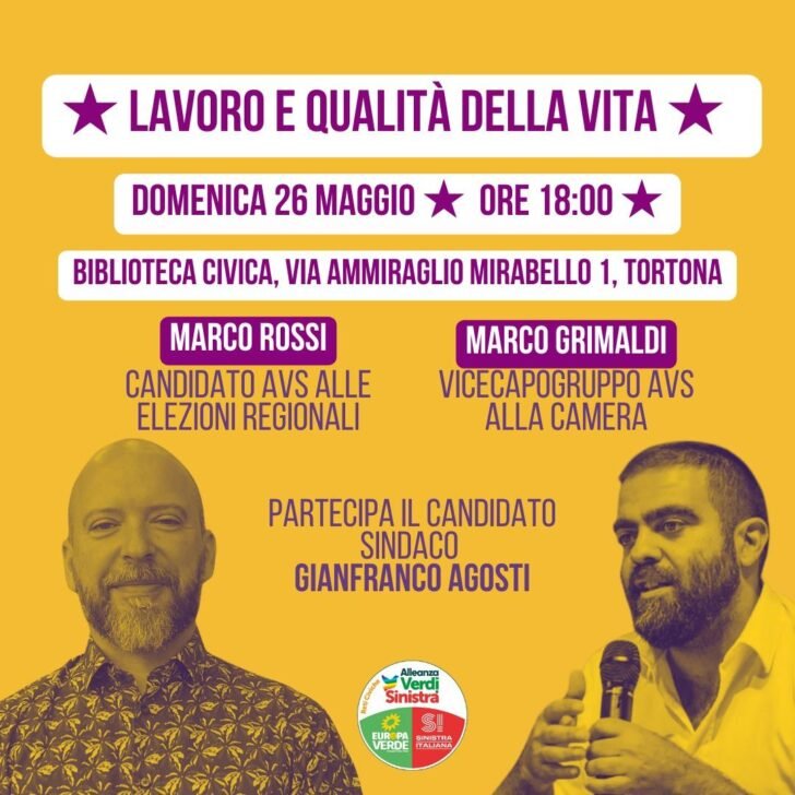 Elezioni regionali: domenica a Tortona incontro con il candidato di Alleanza Verdi Sinistra Marco Rossi