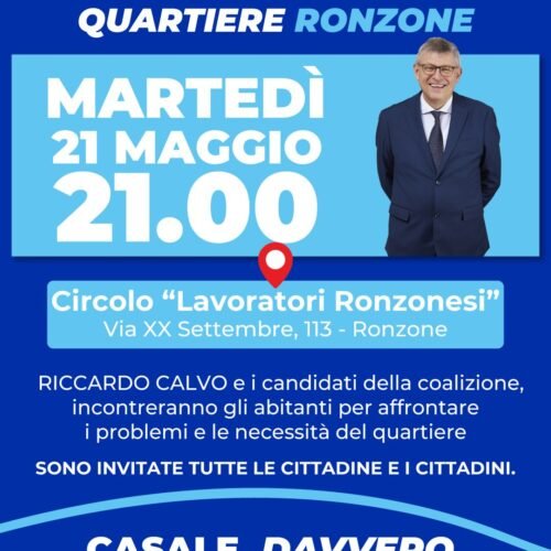 Elezioni comunali: a Casale il candidato sindaco Riccardo Calvo incontra i cittadini del quartiere Ronzone