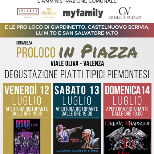 Dal 12 al 14 luglio “Pro Loco in piazza” a Valenza. In viale Oliva specialità piemontesi e tanta musica